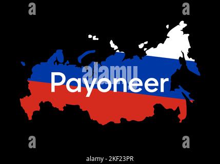 Kyiv, Ukraine - November, 15 2022: Logo Payoneer financial system logo in country map painted in Russian flag at background. Sanctions against Russia Stock Vector