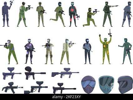 Paintball icons set cartoon vector. Action player. Extreme ball Stock Vector