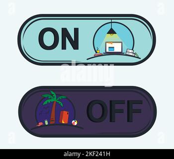 Button switch from vacation to work in blue purple colors. back to work. work or relax? Stock Vector