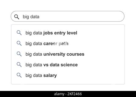 Big data topics search results. Big data education and jobs concept online search engine autocomplete suggestions. Stock Vector