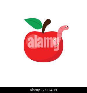 Worm and apple. Cartoon caterpillar character digging hole in red sweet fruit. Insect eating garden natural food. Little crawling animal. Funny maggot Stock Vector
