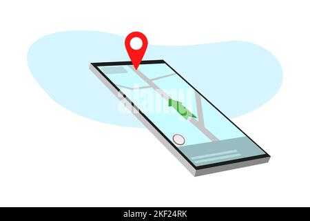 Vector illustration of smartphone with mobile navigation app on screen. Route map with symbols showing location of man. Global Positioning System Stock Vector