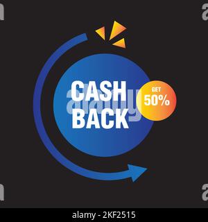 A blue and yellow icon of "Cashback" in geometric figures on the black background Stock Vector