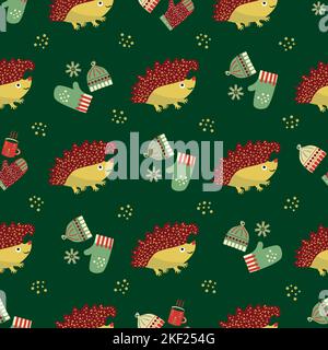 Cute hedgehog, hats, gloves seamless vector pattern backdground. Fun hedgehogs with warm winter clothes and drink backdrop. Animal cartoon character Stock Vector