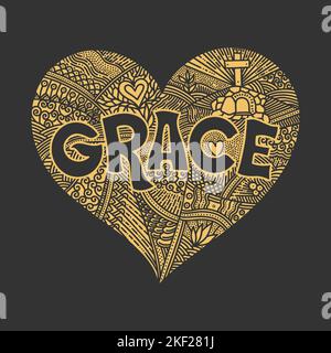 Christian illustration in a doodle style. The word Grace, a description of God's grace and salvation. The heart is a symbol of God's love. Stock Vector