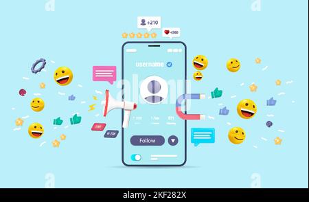 Digital social marketing, 3d illustration of the concept of social communications via mobile app Stock Vector