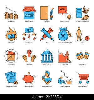 Economic crisis icon set in colored line style. Vector illustration. Stock Vector