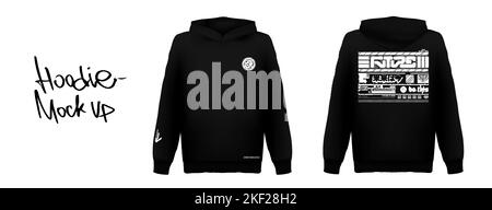 Trendy black hoodie with white futuristic lettering print Stock Vector