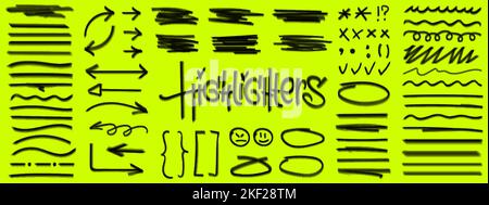 Marker strokes, highlights set - marks and selections Stock Vector