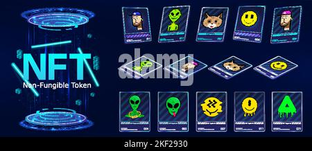 3D token NFT cards in crypto artwork. 3D pixel arts Stock Vector