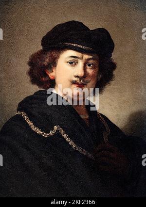 1630s SELF PORTRAIT OF REMBRANDT LOOKING AT CAMERA WEARING A TOQUE HAT AND GOLD CHAIN OIL ON OAK WOOD IN THE LOUVRE PARIS FRANCE - ka9435 HAR001 HARS INSPIRATION MALES ARTIST PAINTER PROFESSION CRAFT DUTCH EYE CONTACT ARTISTS SELF MUSTACHE SKILL OCCUPATION SKILLS HEAD AND SHOULDERS OAK MUSTACHES AND CAREERS FACIAL HAIR LOUVRE OCCUPATIONS ARTS DERIVATIVE IMAGINATION POSTCARD STYLISH GREATEST PROLIFIC ARTWORK CREATIVITY GOATEE MID-ADULT MID-ADULT MAN REMBRANDT TALENT TOQUE 1630s BAROQUE CAUCASIAN ETHNICITY DRAUGHTSMAN DUTCH GOLDEN AGE HAR001 OLD FASHIONED Stock Photo