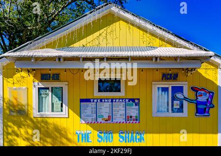 The Sno Shack is pictured, Nov. 13, 2022, in Gulfport, Mississippi. The snack shop serves a variety of food, along with snow cones and ice cream. Stock Photo