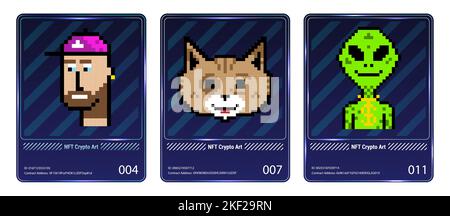 Pixel arts NFT in card collection. Banner Non-fungible token  Stock Vector