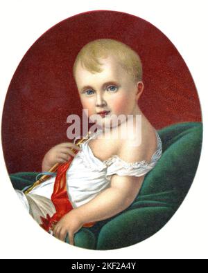 1810s OVAL PORTRAIT BABY NAPOLEON II KING OF ROME PRINCE IMPERIAL BY FRANCOIS GERARD CHILD IS HOLDING SCEPTER WEARING A RED SASH - ka9472 HAR001 HARS DERIVATIVE POSTCARD BABY BOY GERARD JUVENILES PRINCE SASH 1810s CAUCASIAN ETHNICITY FRANCOIS HAR001 OLD FASHIONED ROME Stock Photo