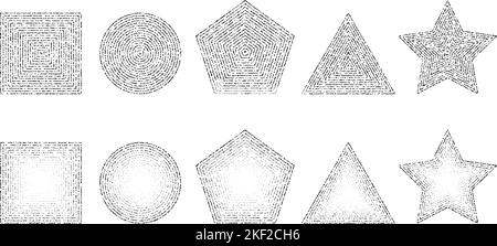 Dotted grainy shapes set. Stippled square, circle, triangle, star and pentagon with gradient. Grain noise geometric forms. Stochastic dot work Stock Vector