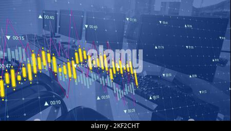 Image of financial data processing against close up of desks at office Stock Photo