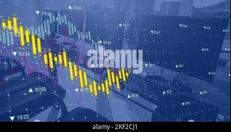 Image of financial data processing against close up of desks at office Stock Photo