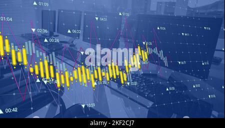Image of financial data processing against close up of desks at office Stock Photo