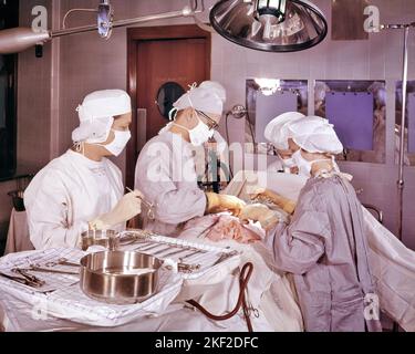 1960s SURGEON AND SUPPORTING STAFF PERFORMING A THORACIC OR ABDOMINAL SURGERY IN A HOSPITAL OPERATING ROOM - km356 GRD001 HARS COPY SPACE HALF-LENGTH LADIES PERSONS CARING MALES PROFESSION CONFIDENCE HEALTHCARE PERFORMING SURGERY SKILL OCCUPATION SKILLS OPERATING PREVENTION PROVIDER HIGH ANGLE PROVIDERS PRACTITIONERS STERILE HEALING AND DIAGNOSIS SURGICAL CAREERS PHYSICIANS HEALTH CARE IMPAIRMENT OCCUPATIONS SURGEON TREATMENT HEALER PHYSICIAN PRACTITIONER OR SUPPORTING ABDOMINAL COOPERATION O.R. OP PRECISION PROFESSIONALS STAFF TOGETHERNESS CAUCASIAN ETHNICITY DISEASE OLD FASHIONED Stock Photo