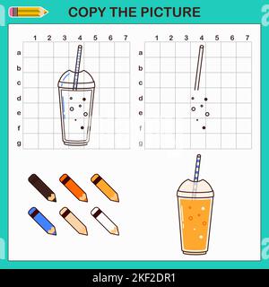 Copy drawing of Cocktail. Vector draw worksheet with cute cocktail. Stock Vector