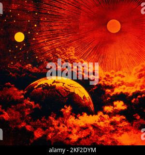 1960s 19TH CENTURY ILLUSTRATION OF CREATION OF THE SOLID DOME FIRMAMENT EARTH SUN MOON HEAVENS ALL OVER ORANGE COLOR - kp1635 HAR001 HARS CREATED CREATIVITY FILTER SO SOLAR SYSTEM SOLID DURING HAR001 OLD FASHIONED SYNONYM Stock Photo