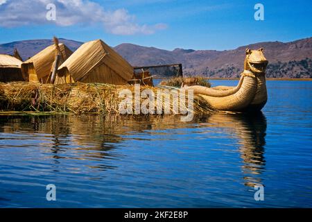 Tortora reed island of Uros Indian people, Puno, Lake Titicaca, Peru ...