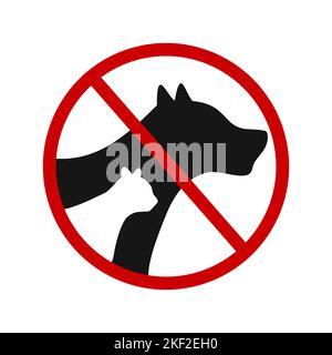 No pets allowed icon. Dogs or cats prohibited symbol. Animals ban zone pictogram. Canine and feline silhouettes in red forbidden sign isolated on white background. Vector graphic illustration Stock Vector