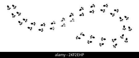 Bunny pawprints. Rabbit paw silhouettes stamps. Trace of wet or mud steps of running or walking hare isolated on white background. Vector graphic illustration. Stock Vector