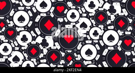 Seamless pattern of black white poker chips. Tokens with symbols of diamonds, clubs, hearts and spades top view. Vector chips icon design for card, ca Stock Vector