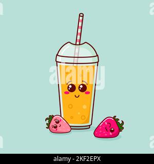 Cute illustration with isolated cartoon cocktail and Strawberries. Stock Vector
