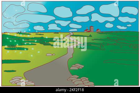 Cartoon nature landscape, dirt road go along field Stock Vector