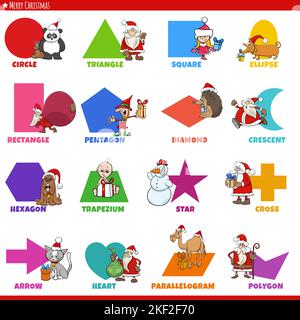 Educational cartoon illustration of geometric shapes with captions and funny Christmas holiday characters for preschool and elementary age children Stock Vector