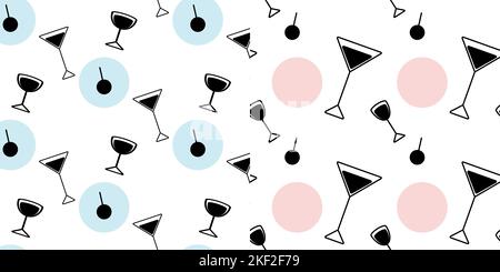 Set of 2 seamless patterns of black and white icons in the form of glasses and spots in trendy soft shades. Abstract background texture. Isolate. Good for menu cafe, bars and restaurant. Vector. EPS Stock Vector