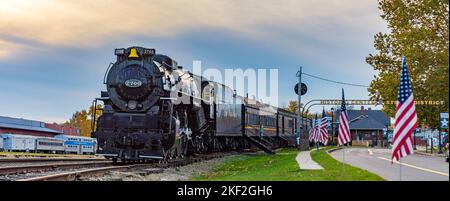 Dennison, Ohio, USA- Oct. 24, 2022: Web banner of a period locomotive at the Dennison Railroad Depot Museum in the Historic Center Street District in Stock Photo
