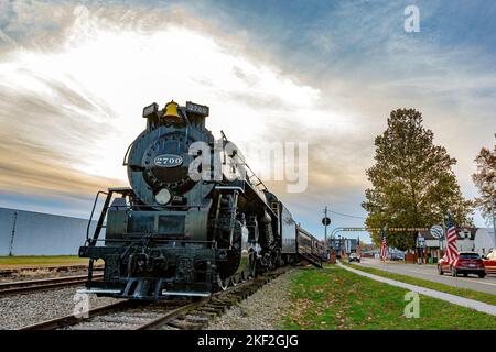 Dennison, Ohio, USA- Oct. 24, 2022: Display locomotive at the Dennison Railroad Depot and Museum in the Historic Center Street District. Stock Photo