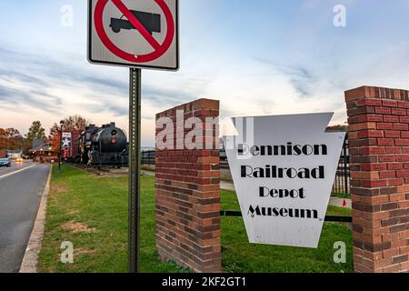 Dennison, Ohio, USA- Oct. 24, 2022: Sign on Center Street for the Dennison Railroad Depot Museum. Stock Photo