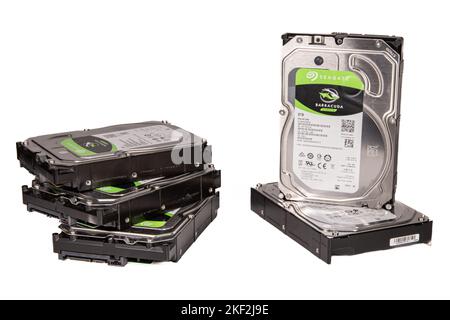 A pile of five hard drives Stock Photo