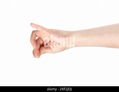 Young child hand hanging something blank isolated on a white background Stock Photo