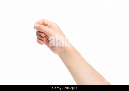 Young child hand holding some like a blank card isolated on a white background Stock Photo