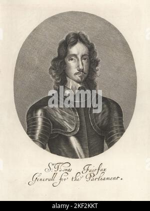 Sir Thomas Fairfax, Parliamentary General, 1612-1671. Victorious at the battles of Selby and Naseby, commander of the New Model Army. Oval portrait in collar and suit of armour. Copperplate engraving by William Faithorne after a picture by Robert Walker, 1645. Copperplate engraving from Samuel Woodburn’s Gallery of Rare Portraits Consisting of Original Plates, George Jones, 102 St Martin’s Lane, London, 1816. Stock Photo