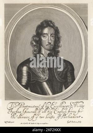 Sir Thomas Fairfax, Parliamentary General, 1612-1671. Victorious at the battles of Selby and Naseby, commander of the New Model Army. Oval portrait in collar and suit of armour.  Copperplate engraving by William Faithorne after a picture by Robert Walker. Sold by Thomas Rowlett at his shop near Temple Bar. Copperplate engraving from Samuel Woodburn’s Gallery of Rare Portraits Consisting of Original Plates, George Jones, 102 St Martin’s Lane, London, 1816. Stock Photo