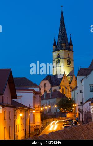 Sibiu streets with cathedral in night Stock Photo