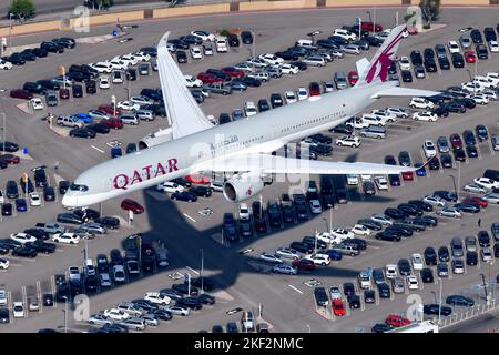 Qatar Airways Airbus A350 airplane flying. Aircraft A350-1000 model of QatarAirways airline A7-ANK. Plane of Qatar from above. Stock Photo