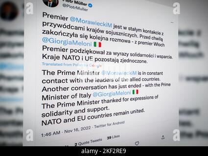 Warsaw, Poland. 16th Nov, 2022. Spokesperson for the Chancellery of the Prime Minister Piotr Muller's tweet is seen on Twitter in this illustration photo in Warsaw, Poland on 16 November, 2022. Politicians and world leaders reacted on Twitter after a Russian missle struk a village in southern Poland on Tuesday prompting emergency meetings by NATO members. (Photo by Jaap Arriens/Sipa USA) Credit: Sipa USA/Alamy Live News Stock Photo