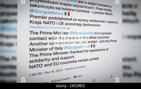 Warsaw, Poland. 16th Nov, 2022. Spokesperson for the Chancellery of the Prime Minister Piotr Muller's tweet is seen on Twitter in this illustration photo in Warsaw, Poland on 16 November, 2022. Politicians and world leaders reacted on Twitter after a Russian missle struk a village in southern Poland on Tuesday prompting emergency meetings by NATO members. (Photo by Jaap Arriens/Sipa USA) Credit: Sipa USA/Alamy Live News Stock Photo