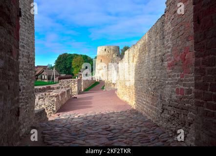 The old stone Izborskaya fortress. Defensive corridor at the fortress walls, an architectural monument of the XIV-XVII century. Izborsk, Pskov region, Stock Photo