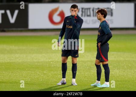 Oeiras. 14th Nov, 2022. Portugal's forward Cristiano Ronaldo (L) and Joao Felix attend a training session in Oeiras, Portugal, on Nov. 14, 2022, ahead of the Qatar 2022 World Cup. Credit: Pedro Fiuza/Xinhua/Alamy Live News Stock Photo