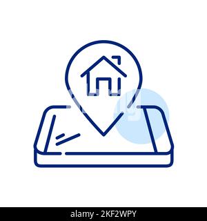 Map pointer with home symbol on isometric smartphone. Pixel perfect, editable stroke line icon Stock Vector