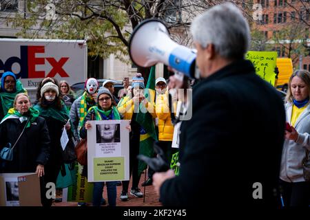 Washington, United States. 15th Nov, 2022. A man speaks on a megaphone during a demonstration in front of the Organization of American States building. Demonstrators protest against the results of the recent Brazilian Presidential Election.Demonstrators gathered in front of the Organization of American States building in Foggy Bottom, Washington, DC to protest what they believe was a stolen election. President Jair Bolsonaro's loss has been met with global protests in his support. (Photo by Jordan Tovin/SOPA Images/Sipa USA) Credit: Sipa USA/Alamy Live News Stock Photo