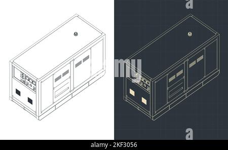 Stylized vector illustration of isometric blueprint of diesel generator Stock Vector